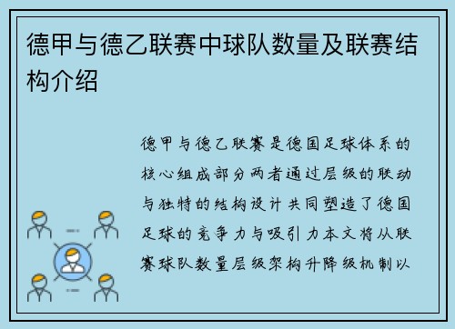 德甲与德乙联赛中球队数量及联赛结构介绍